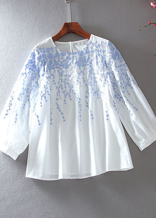 White Loose Cotton Shirts Embroidered Bracelet Sleeve