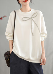 White Loose Cotton Sweatshirts Tops Bow Zircon Spring