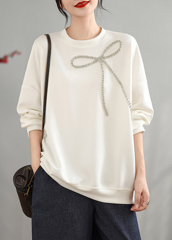 White Loose Cotton Sweatshirts Tops Bow Zircon Spring