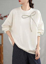 White Loose Cotton Sweatshirts Tops Bow Zircon Spring