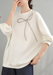 White Loose Cotton Sweatshirts Tops Bow Zircon Spring