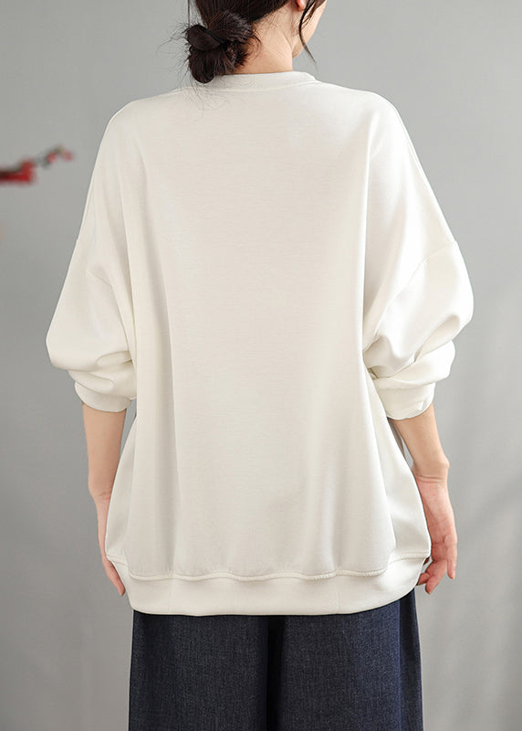 White Loose Cotton Sweatshirts Tops Bow Zircon Spring