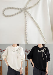 White Loose Cotton Sweatshirts Tops Bow Zircon Spring