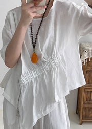 White Loose Linen Shirts Asymmetrical Zippered Summer