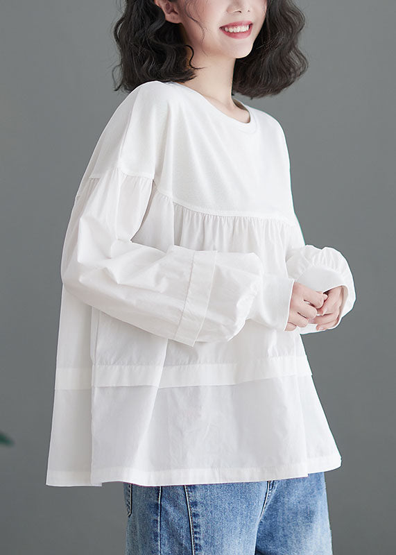 White Loose Patchwork Cotton Blouse Top O Neck Puff Sleeve