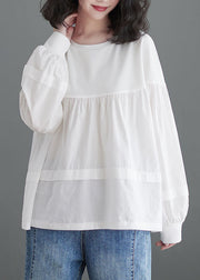 White Loose Patchwork Cotton Blouse Top O Neck Puff Sleeve