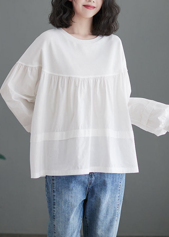 White Loose Patchwork Cotton Blouse Top O Neck Puff Sleeve