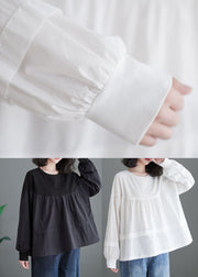 White Loose Patchwork Cotton Blouse Top O Neck Puff Sleeve