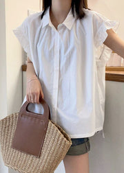 White Low High Design Cotton Top Peter Pan Collar Short Sleeve