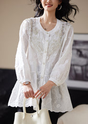 White Nail Bead Button Blouses Embroidered Long Sleeve