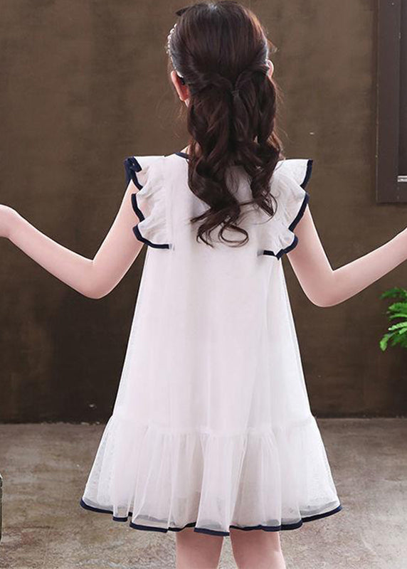 White O-Neck Bow Tulle Girls Mid Dresses Sleeveless
