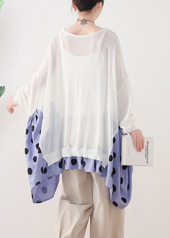 White O-Neck Dot Patchwork Cotton Knit Tops Batwing Sleeve