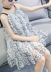 White O-Neck Girls Chiffon Slip Mid Dress Summer