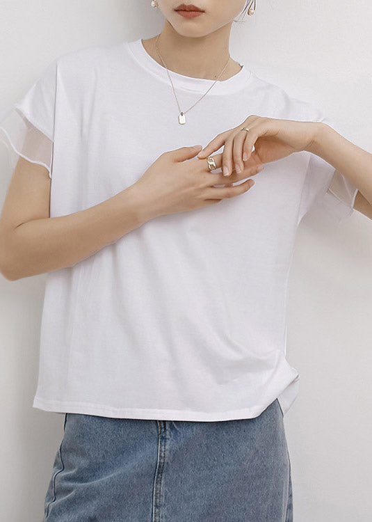 White O-Neck Ruffled Cotton T Shirt Short Sleeve