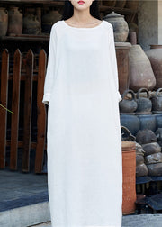 White O-Neck Solid Maxi Dresses Long Sleeve