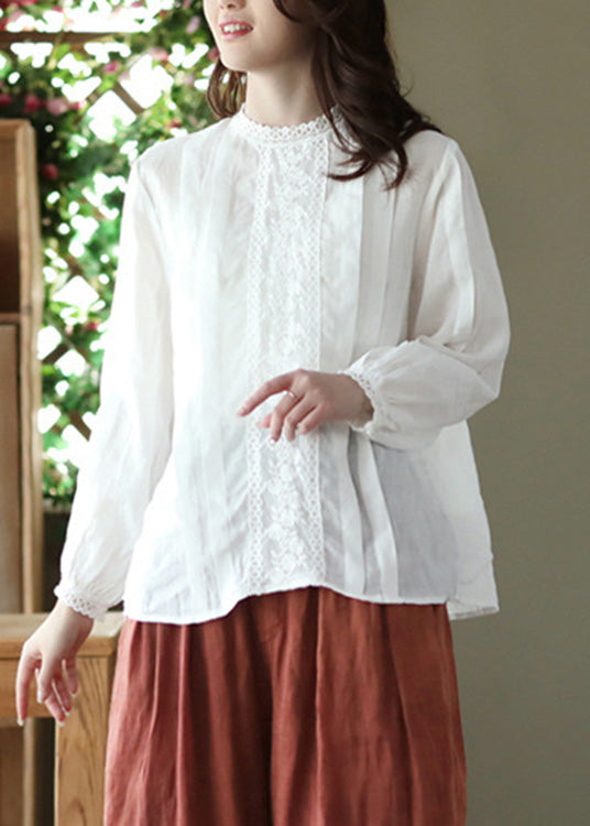 White O-Neck Wrinkled Solid Ramie Top Spring