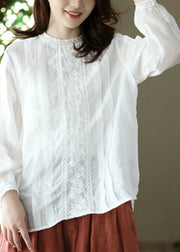 White O-Neck Wrinkled Solid Ramie Top Spring