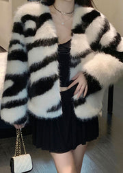 White Original Design Fuzzy Fur Fluffy Coats V Neck Winter