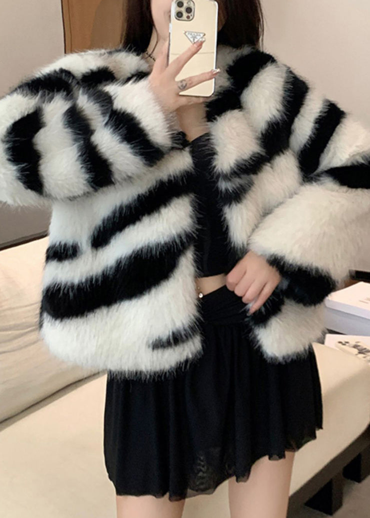 White Original Design Fuzzy Fur Fluffy Coats V Neck Winter