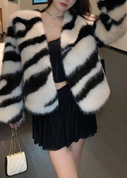 White Original Design Fuzzy Fur Fluffy Coats V Neck Winter