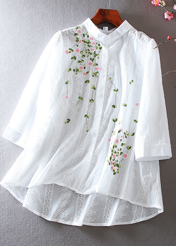 White Oversized Cotton Blouses Embroidered Spring