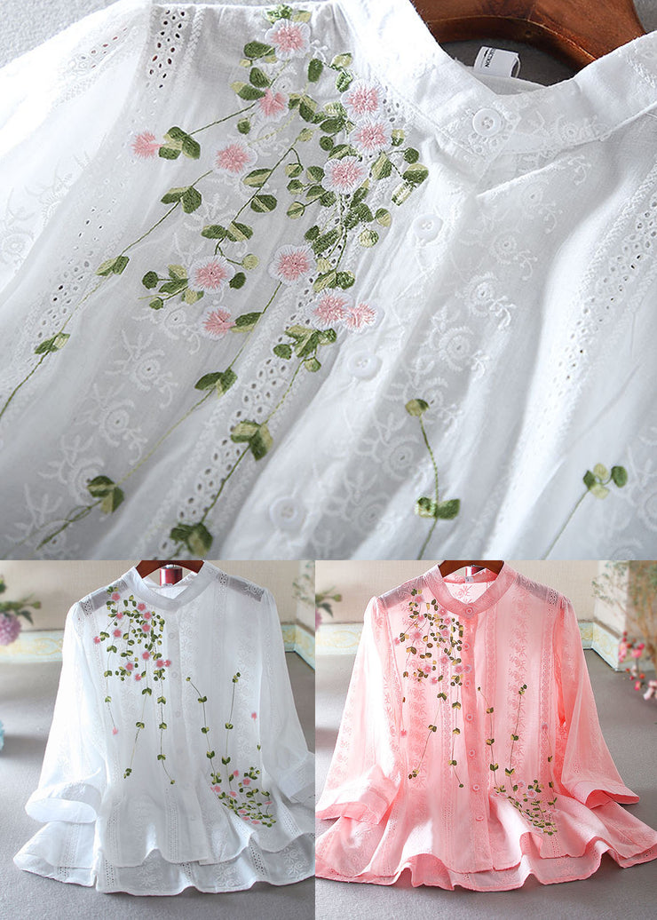 White Oversized Cotton Blouses Embroidered Spring