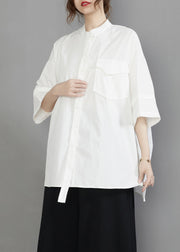 White Oversized Cotton Blouses Stand Collar Pocket Half Sleeve