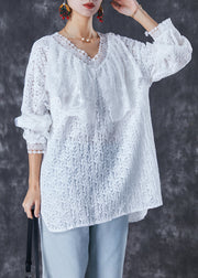 White Oversized Lace Shirt Top V Neck Fall