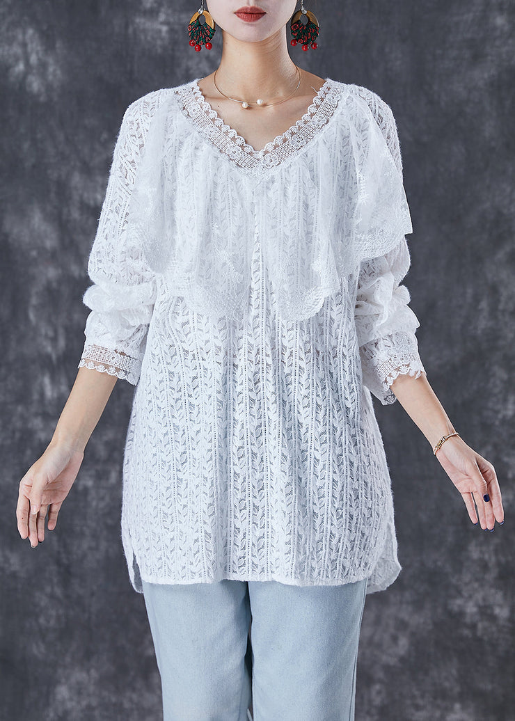 White Oversized Lace Shirt Top V Neck Fall