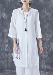 White Oversized Linen Shirts Embroideried Pocket Half Sleeve