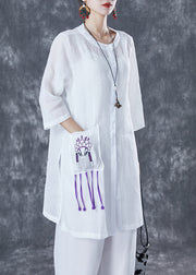 White Oversized Linen Shirts Embroideried Pocket Half Sleeve