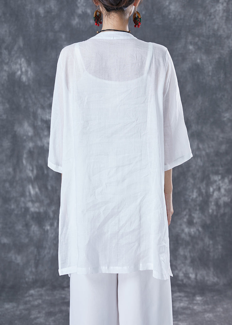 White Oversized Linen Shirts Embroideried Pocket Half Sleeve