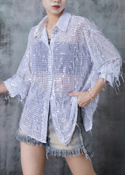 White Oversized Tulle Shirt Tops Tasseled Sequins Summer