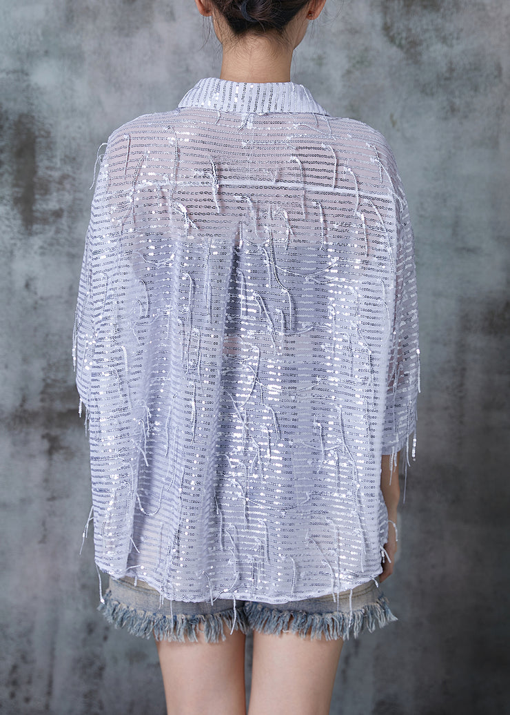 White Oversized Tulle Shirt Tops Tasseled Sequins Summer