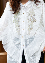 White Patchwork Chiffon Shirt Tops Ruffled Nail Bead Spring