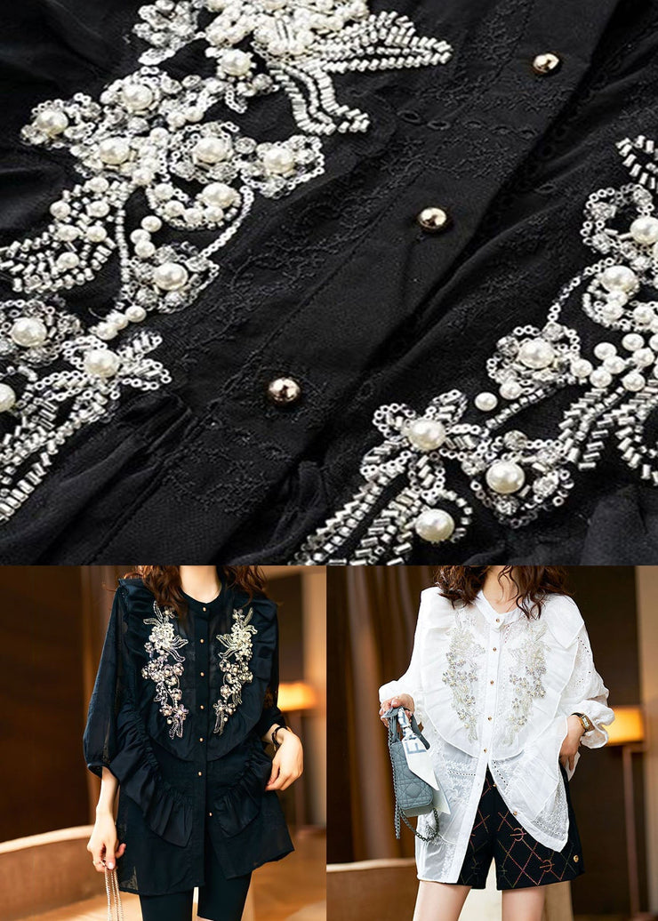 White Patchwork Chiffon Shirt Tops Ruffled Nail Bead Spring