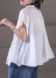 White Patchwork Cotton Linen Tanks V Neck Pockets Solid Color Short Sleeve