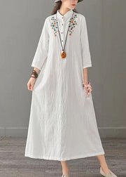 White Patchwork Cotton Long Dress Embroideried Stand Collar Fall