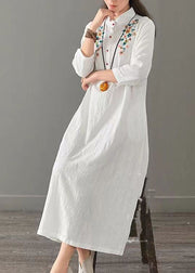 White Patchwork Cotton Long Dress Embroideried Stand Collar Fall