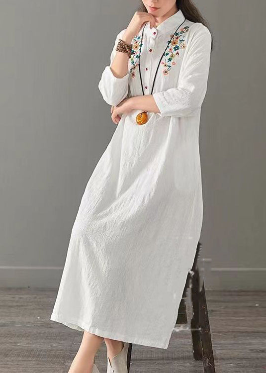 White Patchwork Cotton Long Dress Embroidered Stand Collar Fall