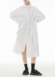 White Patchwork Cotton Shirt Dresses Asymmetrical Wrinkled Spring