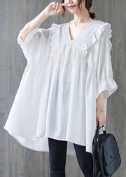 White Patchwork Cotton Shirt Top Loose Ruffled V Neck Summer