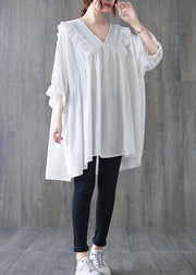 White Patchwork Cotton Shirt Top Loose Ruffled V Neck Summer