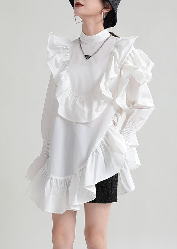 White Patchwork Cotton Shirt Top Ruffled Solid Color Fall