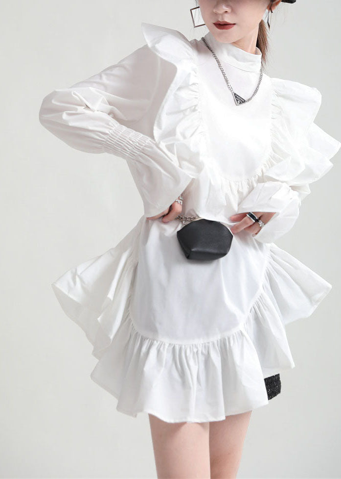 White Patchwork Cotton Shirt Top Ruffled Solid Color Fall