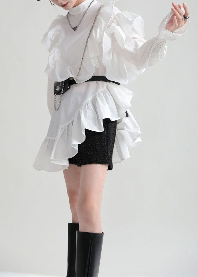 White Patchwork Cotton Shirt Top Ruffled Solid Color Fall