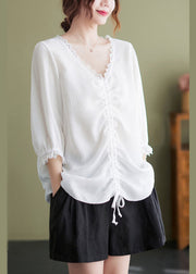 White Patchwork Cotton Shirt Tops Oversized Cinched Half Sleeve