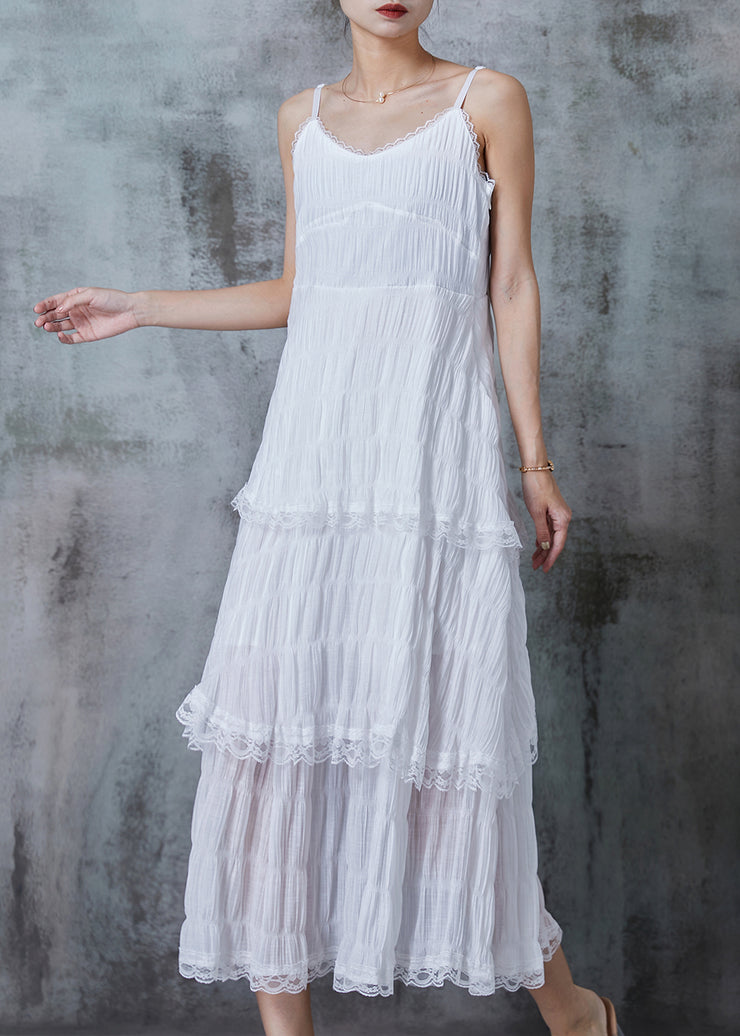 White Patchwork Cotton Spaghetti Strap Dress Wrinkled Summer
