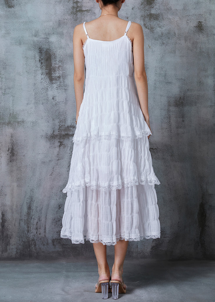 White Patchwork Cotton Spaghetti Strap Dress Wrinkled Summer