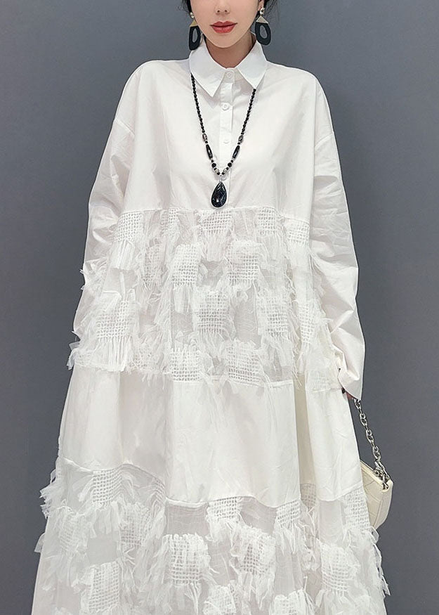 White Patchwork Cotton Vacation Dresses Oversized Tassel Spring